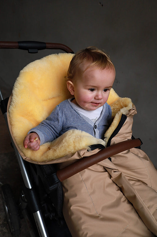 Premium Baby- Kinderwagenfußsack mit Lammfell (Champagner-Gold, Olive, Schlamm, Anthrazit, Dunkelblau oder Schwarz)