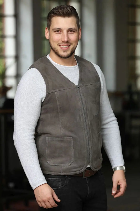 Lammfellweste - Gregor - mit Innentasche grau