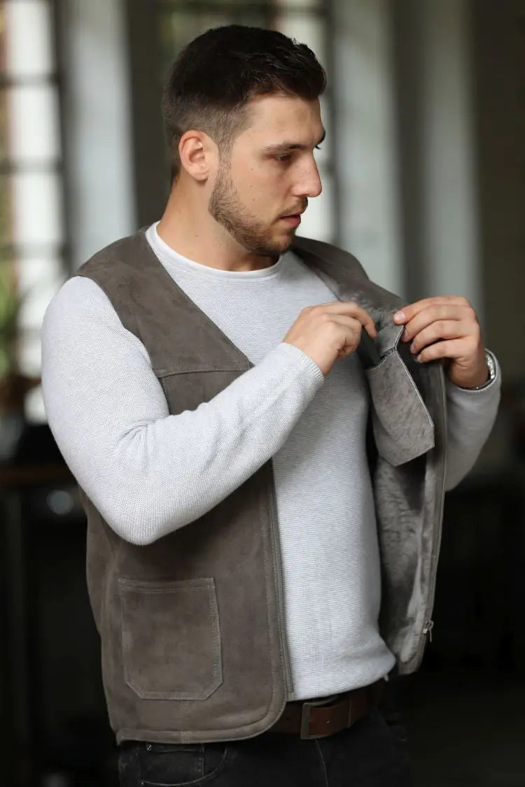 Lammfellweste - Gregor - mit Innentasche grau