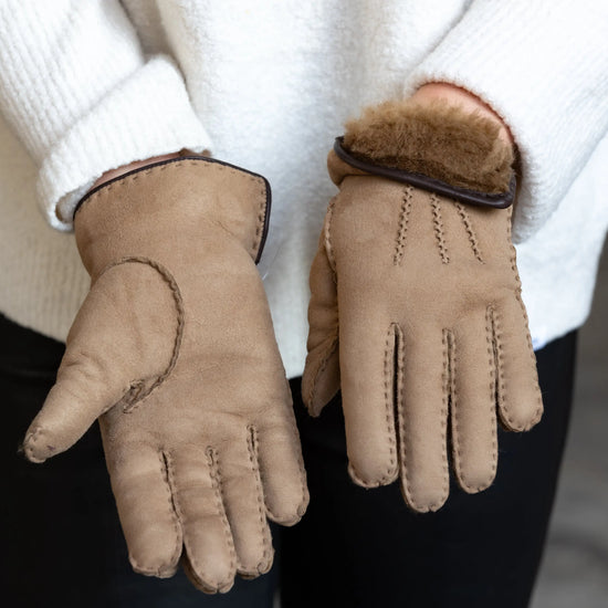 Lammfell Fingerhandschuhe Braun/Anthrazit Gr. 8-11