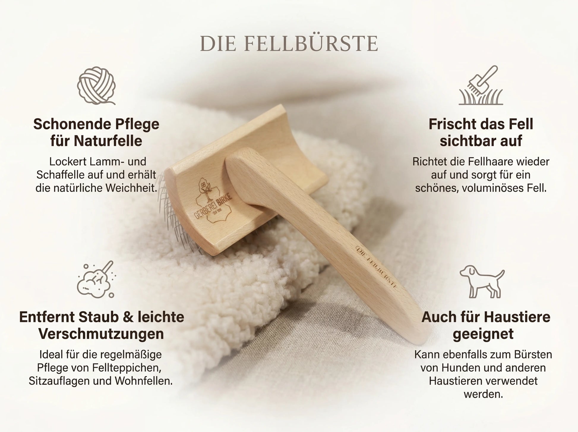 Die Fellbürste mit Angaben zur Pflege von Schaffellen